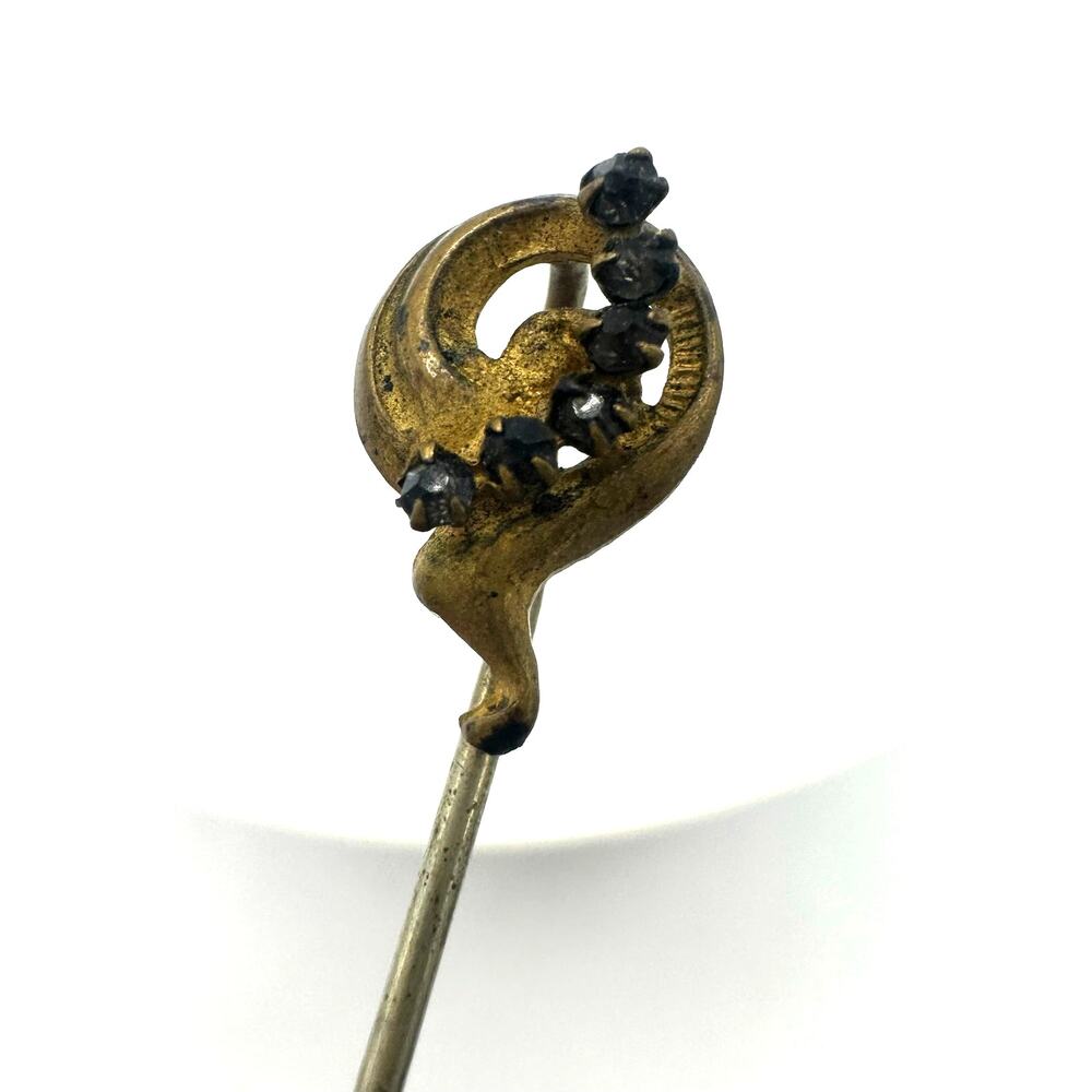 Antique Art Nouveau Victorian gold tone brass clear rhinestones stick pin brooch